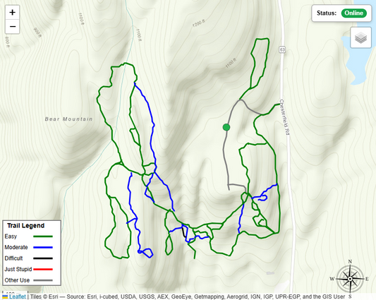 Live Trail Map showing the Green, Blue and Black trails currently available at Three Ridges Events OffRoad Park in Hinsdale, NH